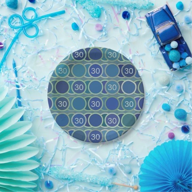Blue Circles Pattern Custom Birthday Age Paper Plates (Party)