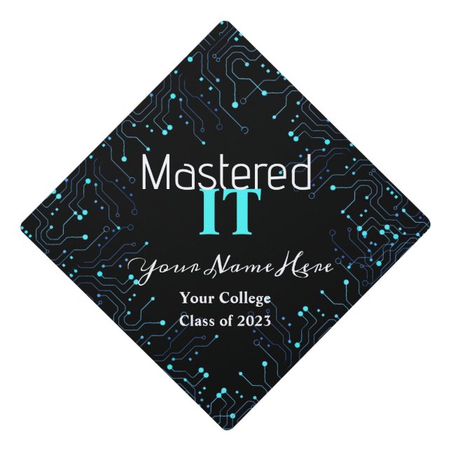 Blue Circuit Board Mastered IT Personalized Graduation Cap Topper (Front)