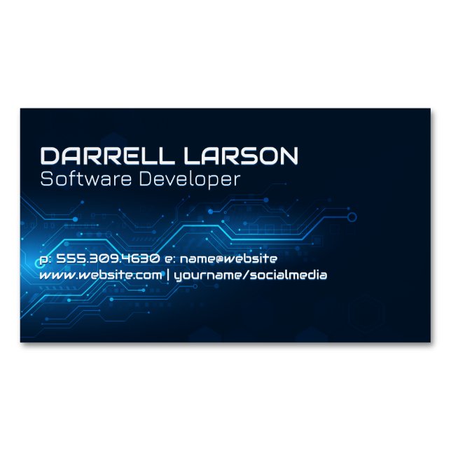 Blue Circuit Board | Technology Background Business Card Magnet (Front)