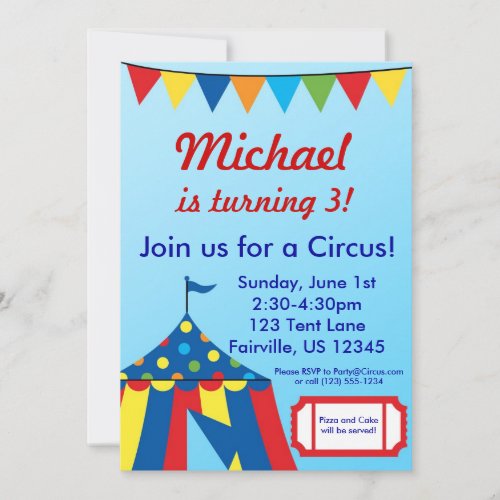 Blue Circus Carnival Big Top Birthday Party Invitation