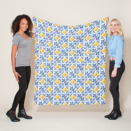 Blue Citrus Lemon Mediterranean Pattern Fleece Blanket