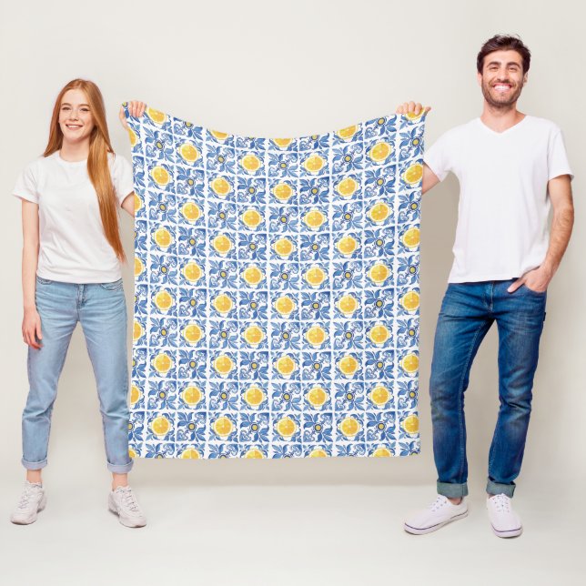 Blue Citrus Lemon Mediterranean Pattern Fleece Blanket (In Situ)