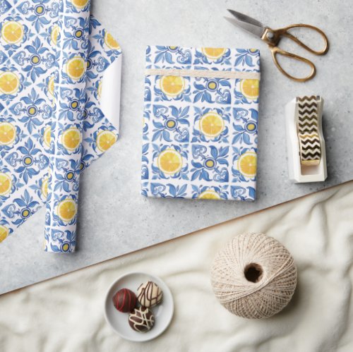 Blue Citrus Lemon Mediterranean Pattern Wrapping Paper