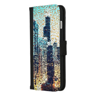 Blue city buildings in mosaic style with relief iPhone 8/7 plus wallet case