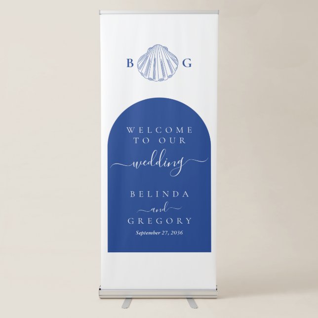 Blue Clam Seashells Coastal Beach Wedding Welcome Retractable Banner (Front)