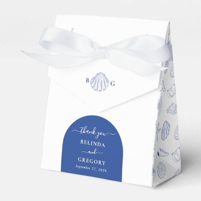Blue Clam Seashells Coastal Seaside Beach Wedding Favor Boxes (Front Side)