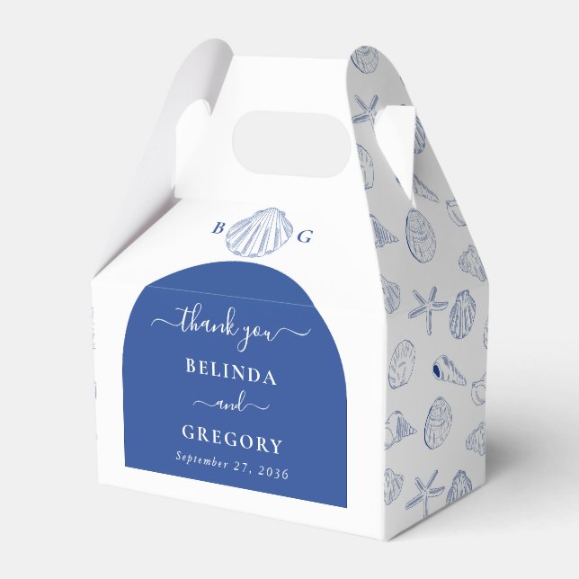 Blue Clam Seashells Coastal Seaside Beach Wedding Favor Boxes (Front Side)