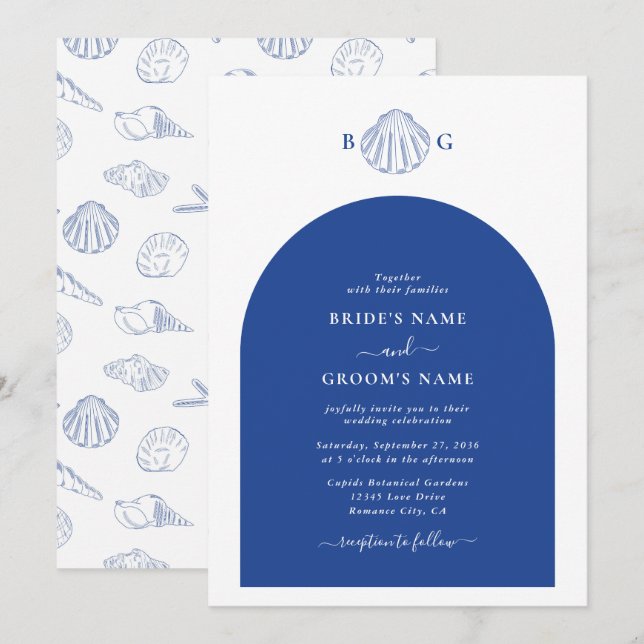 Blue Clam Seashells Coastal Seaside Beach Wedding Invitation (Front/Back)