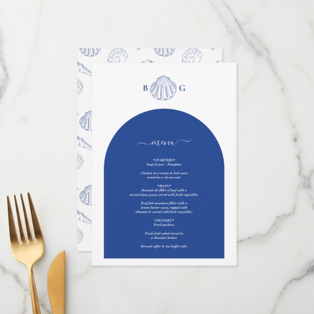 Blue Clam Seashells Coastal Seaside Beach Wedding Menu (Front/Back In Situ)