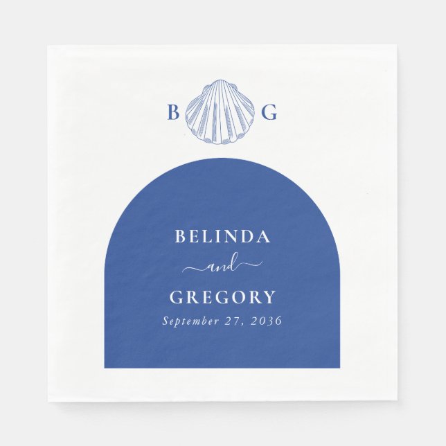 Blue Clam Seashells Coastal Seaside Beach Wedding Napkins (Front)