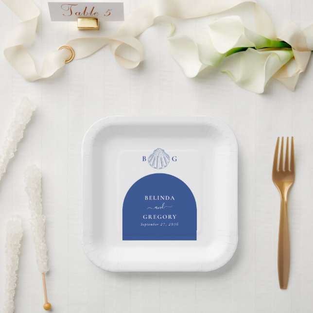 Blue Clam Seashells Coastal Seaside Beach Wedding Paper Plates (Wedding)