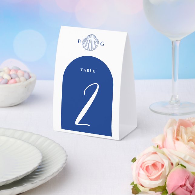 Blue Clam Seashells Coastal Seaside Beach Wedding Paper Table Tent (Insitu(Wedding))