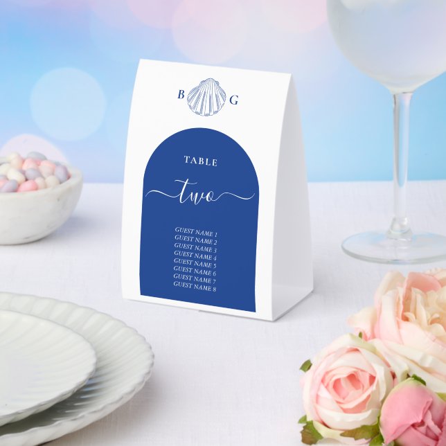Blue Clam Seashells Coastal Seaside Beach Wedding Paper Table Tent (Insitu(Wedding))