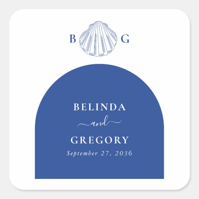 Blue Clam Seashells Coastal Seaside Beach Wedding Square Sticker (Front)