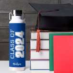 Blue Class of 2024 Personalized School Graduation Water Bottle<br><div class="desc">This classic blue custom senior graduate water bottle features bold white typography reading class of 2024 in varsity letters for a high school or college graduation party keepsake gift. Customize with your name in elegant gold script underneath for a great commemorative favor.</div>