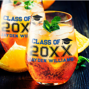 Blue Class of 2026 Custom Name Men Graduation Stemless Wine Glass