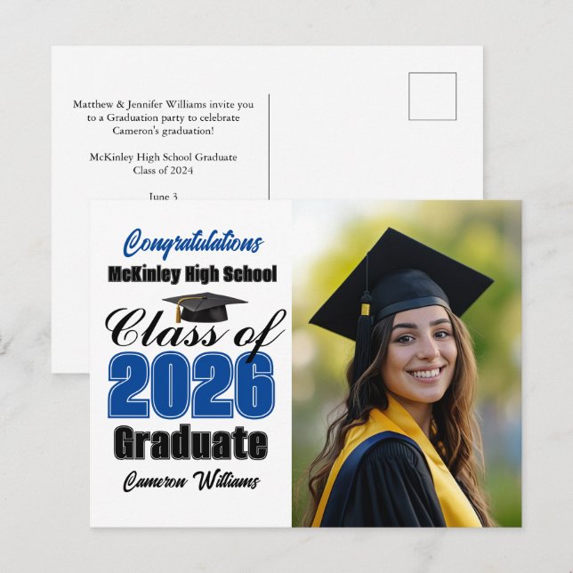 Blue Class of 2026 Graduate Photo Graduation Announcement Postcard (Front/Back)
