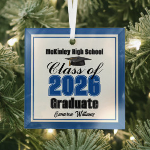 Blue Class of 2026 Graduation Custom Christmas Glass Ornament