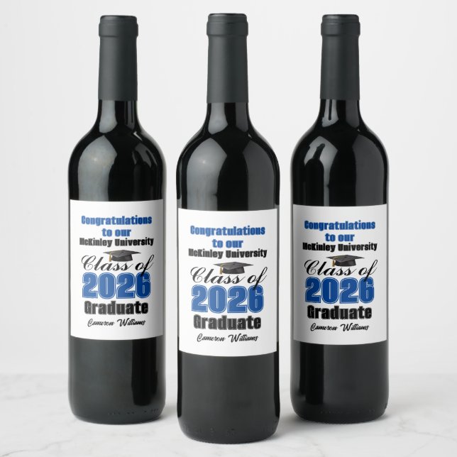 Blue Class of 2026 Graduation Party Custom Wine Label (Bottles)
