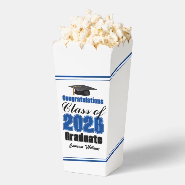 Blue Class of 2026 Graduation Party Popcorn Favor Boxes (Popped)