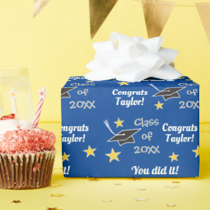BLUE Class of Custom Year Grad Name Wrapping Paper