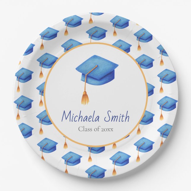 Blue Class of High School Graduation Party Paper Plates (Front)