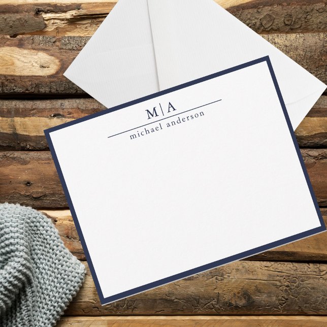 Blue Classic Border Monogram Correspondence Note Card (Creator Uploaded)