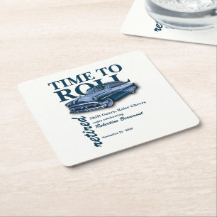 Blue Classic Car Time to Roll Retirement Party Square Paper Coaster