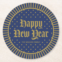 Blue Classic Decorative Geometric Happy New Year Round Paper Coaster