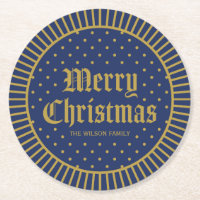 Blue Classic Decorative Geometric Merry Christmas Round Paper Coaster