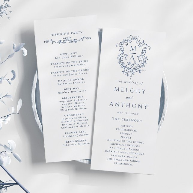 Blue Classic Floral Crest Wedding Ceremony Program (Front & Back)