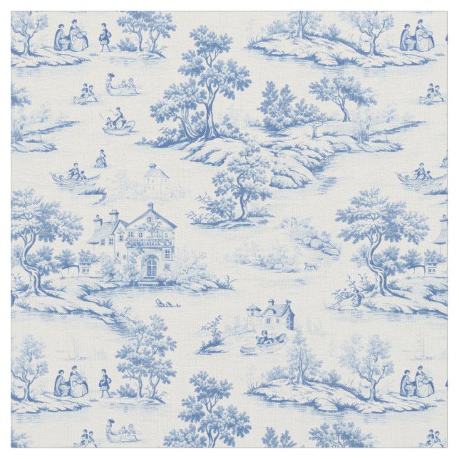 Blue Classic French Toile de Jouy Designer  Fabric (Close Up)