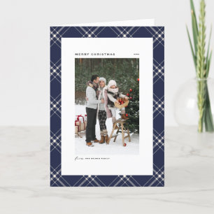 Blue Classic Plaid Pattern Merry Christmas Photo Holiday Card