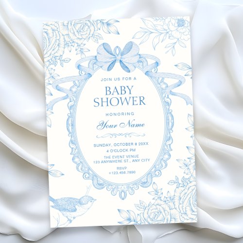 Blue Classic soft floral botanical bow baby shower Invitation