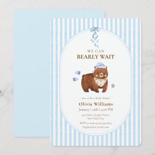 Blue Classic Stripe We Can Bearly Wait Baby Shower Invitation