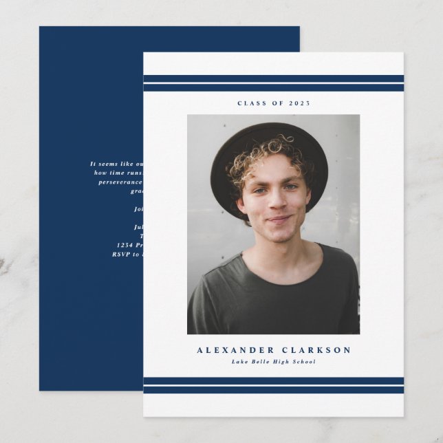Blue Classic Stripes Modern Photo Graduation Announcement (Front/Back)