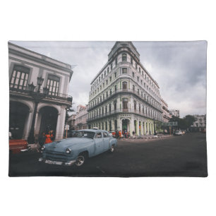Blue Classic Vintage Car Cityscape Cloth Placemat
