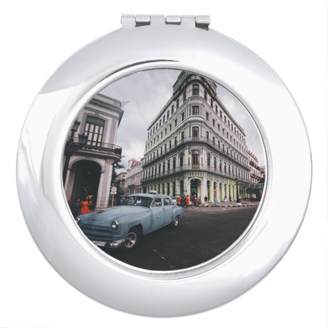 Blue Classic Vintage Car Cityscape      Compact Mirror (Front)