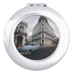 Blue Classic Vintage Car Cityscape Compact Mirror