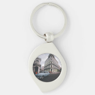 Blue Classic Vintage Car Cityscape           Keychain