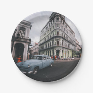 Blue Classic Vintage Car Cityscape   Paper Plates