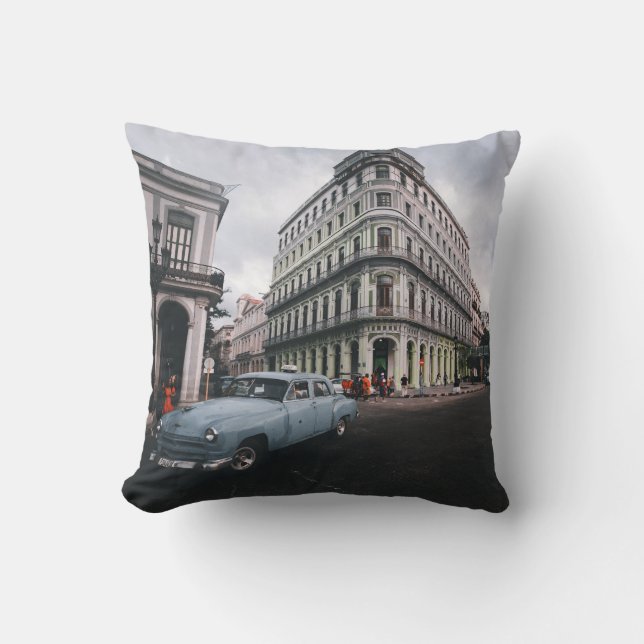 Blue Classic Vintage Car Cityscape              Throw Pillow (Front)