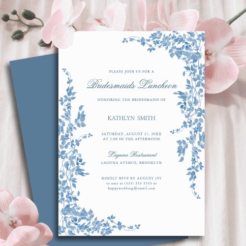 Blue Classic Vintage Floral Bridesmaids Luncheon Invitation