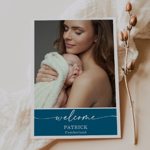 Blue Classic Welcome Baby Photo Announcement Card