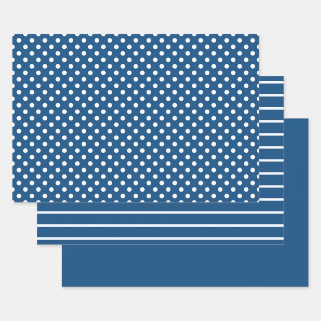 Blue Classic White Polka Dot Stripes Wrapping Paper Sheets (Set)