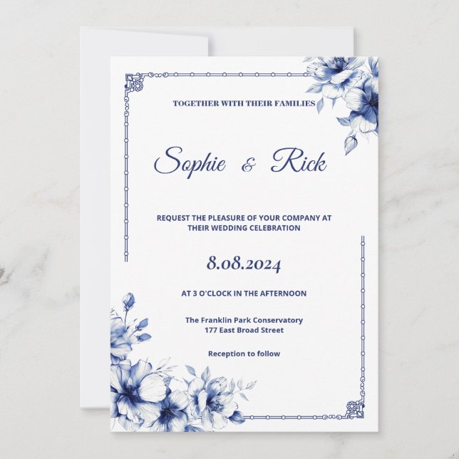Blue classical floral wedding invitation (Front)