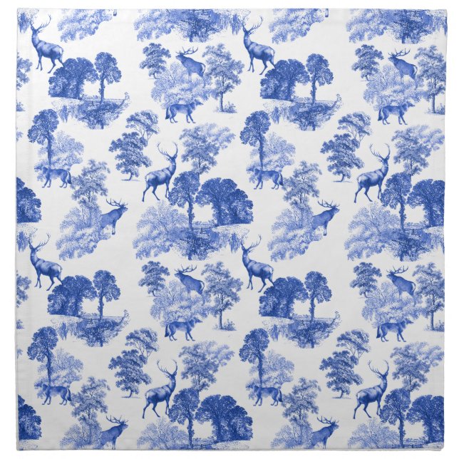 Blue Classical French Country Toile Deer Forest Cloth Napkin (Front)