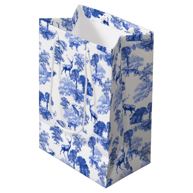 Blue Classical French Country Toile Deer Forest Medium Gift Bag (Front Angled)