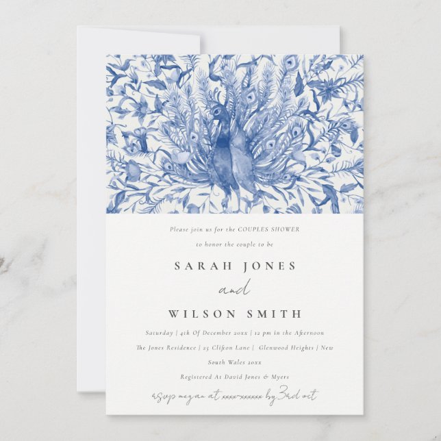 Blue Classy Watercolor Peacock Couples Shower Invitation (Front)