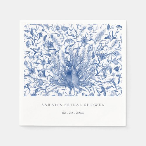 Blue Classy Watercolor Peacock Flora Bridal Shower Napkins